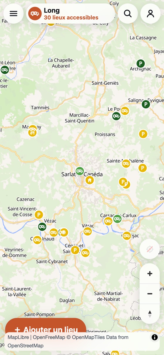 La carte de MyWaySpot autour de Sarlat, avec les lieux colorés selon leur gabarit