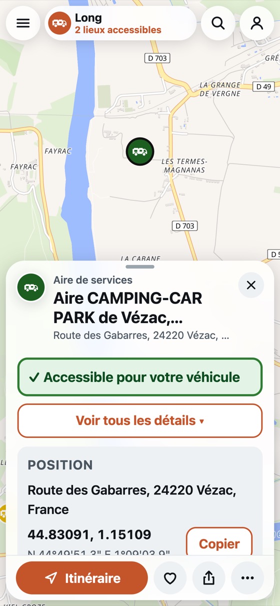 La fiche d'une aire de camping-cars, avec le verdict « Accessible pour votre véhicule »